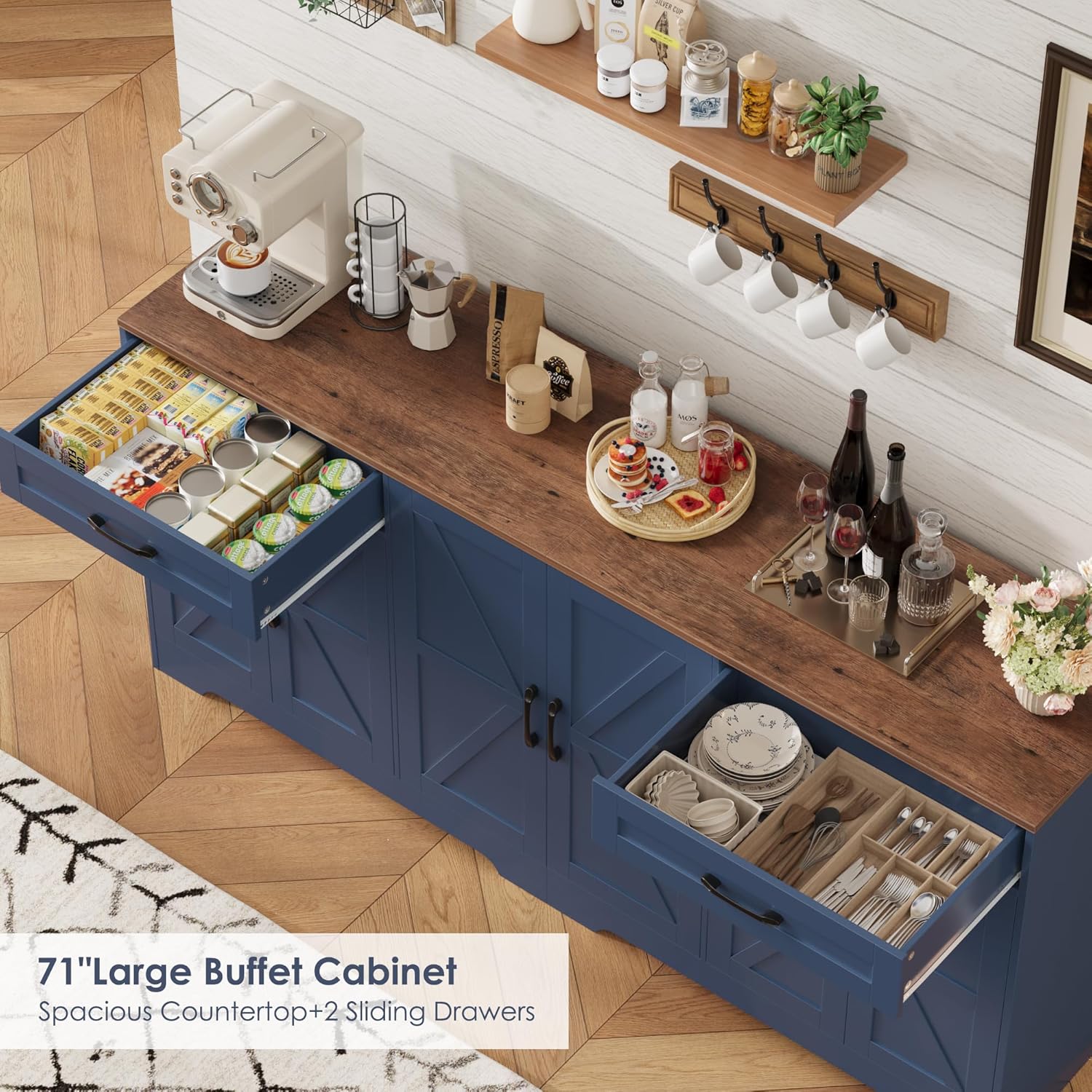71' Large Sideboard Buffet Cabinet with Storage, Farmhouse Kitchen Buffet Cabinet with Adjustable Shelves and 6 Barn Doors, Wood Coffee Wine Bar Console Table for Kitchen, Dining Room, Navy Blue