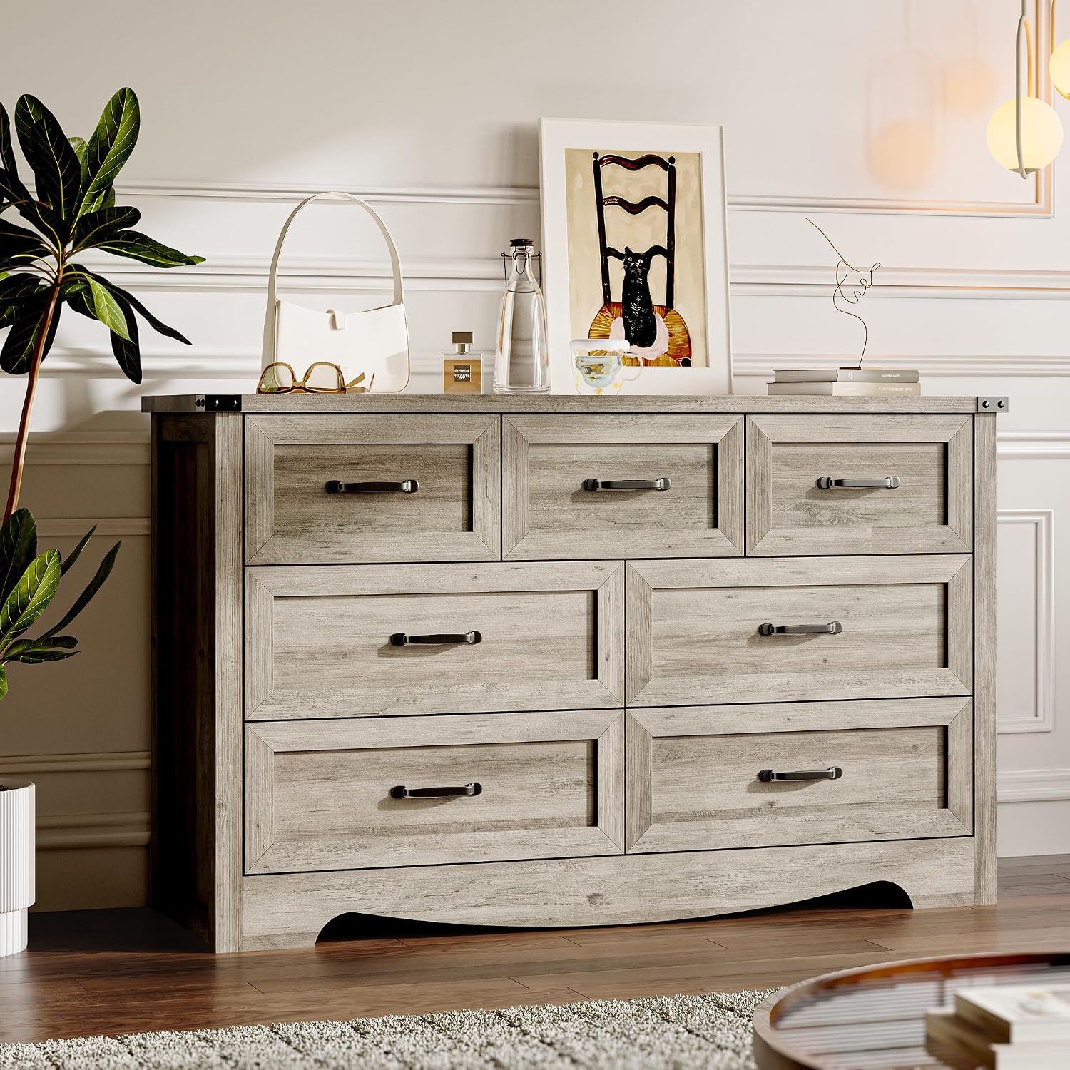 BORNOON 7-Drawer Dresser for Bedroom, Modern Wooden Chest of Drawers with Metal Handles, Anti-Tipping Design, Sturdy and Stable Storage Organizer for Living Room, Entryway, Home Office