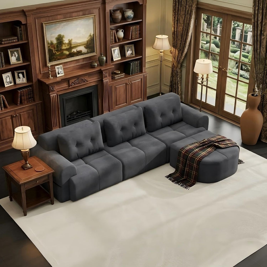112' Compressed Boneless Sectional Sofa with Movable Ottoman Convertible L Shaped Modular Corner Couch for Living Room - Oversized Cloud Couches W/Tufted Cushions and Deep Seat