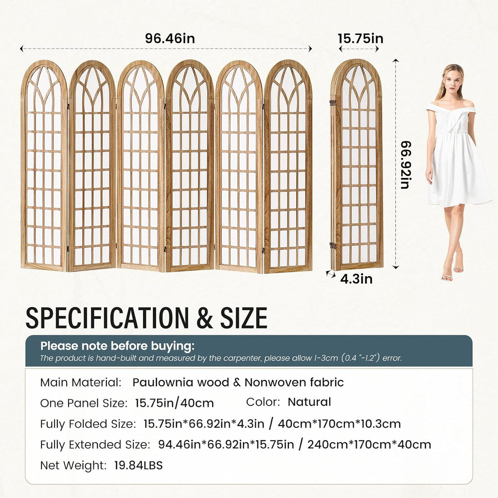6 Panel Room Divider Wall Shoji Screen, Japanese Wood Room Divider for Room Separation, Folding Privacy Screen, Portable Room Partition for Home Office Restaurant - Natural