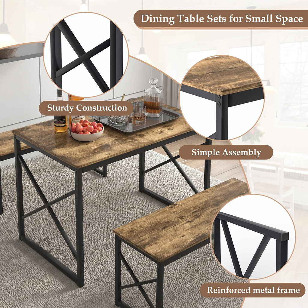 VECELO Kitchen Dining Table Benches Set for 4, 43.3' Wooden Dinette with 2 Benches, Heavy-Duty Dining Room Table for Small Space, Breakfast Nook, Brown