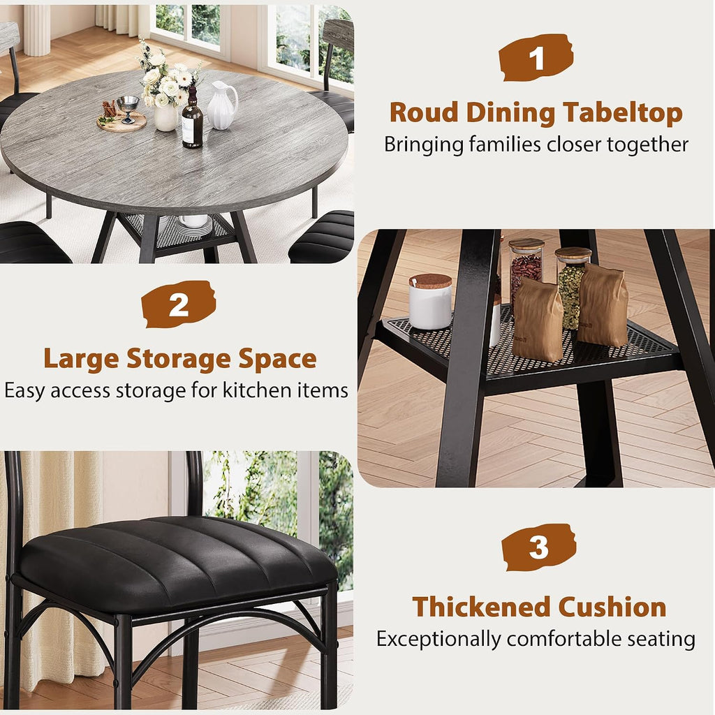 Round Dining Table Set for 4, Kitchen Table and Chairs for 4, Circle Table Round Pedestal Dining Room Dinner Dinette Table Set,5 Piece Space Saving Wood Kitchen & Dining Room Tables (Grey, 42In)