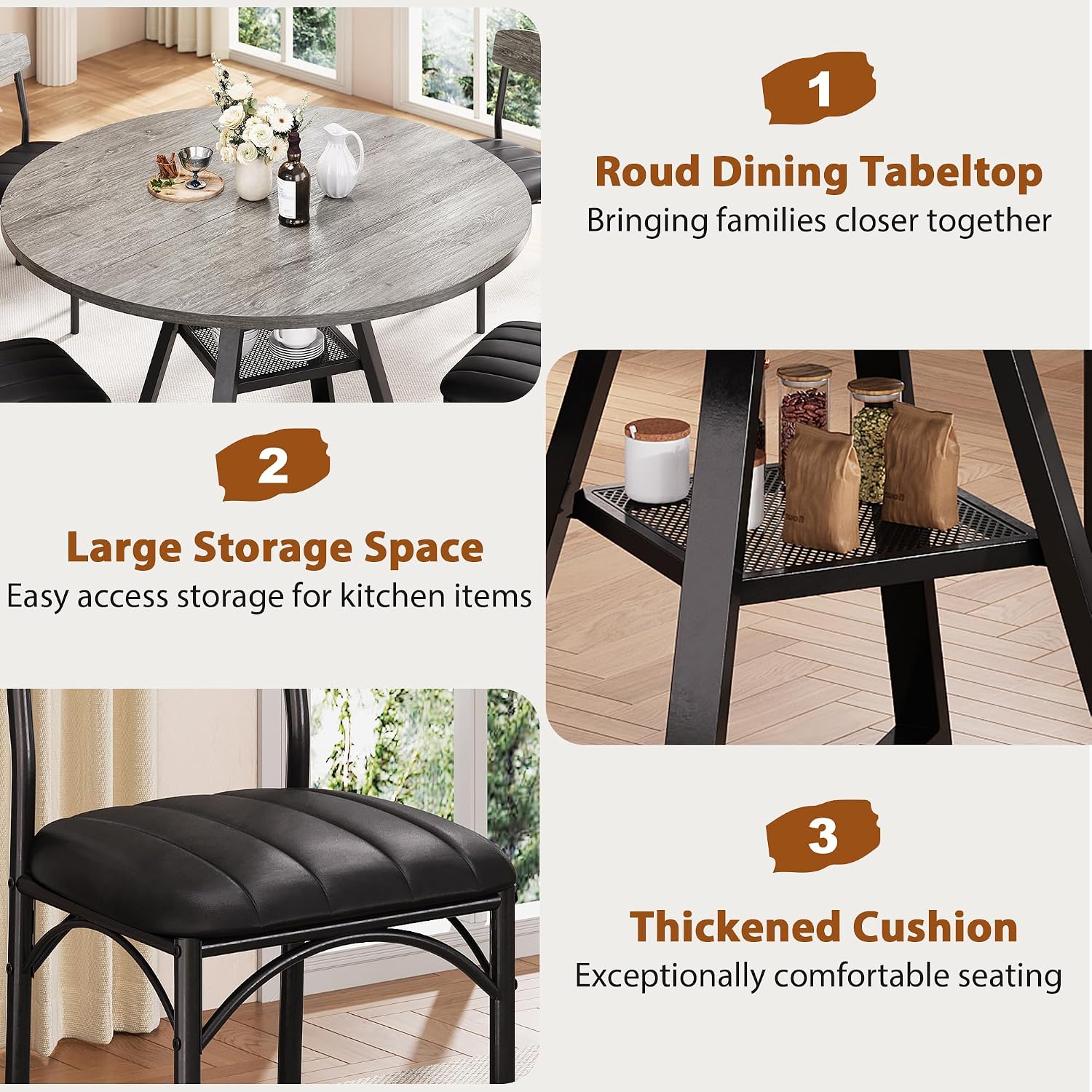 Round Dining Table Set for 4, Kitchen Table and Chairs for 4, Circle Table Round Pedestal Dining Room Dinner Dinette Table Set,5 Piece Space Saving Wood Kitchen & Dining Room Tables (Grey, 42In)