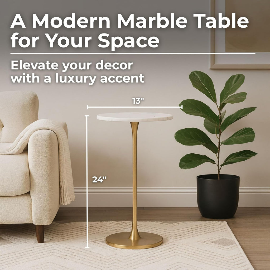 Glam End Table, Side Table, or Small Night Stand for Home Decor – Bold Metal Table with Luxurious Round Marble Top Ideal for Office, Bedroom, or Living Room – Sturdy Table for Small Spaces – 24' Gold