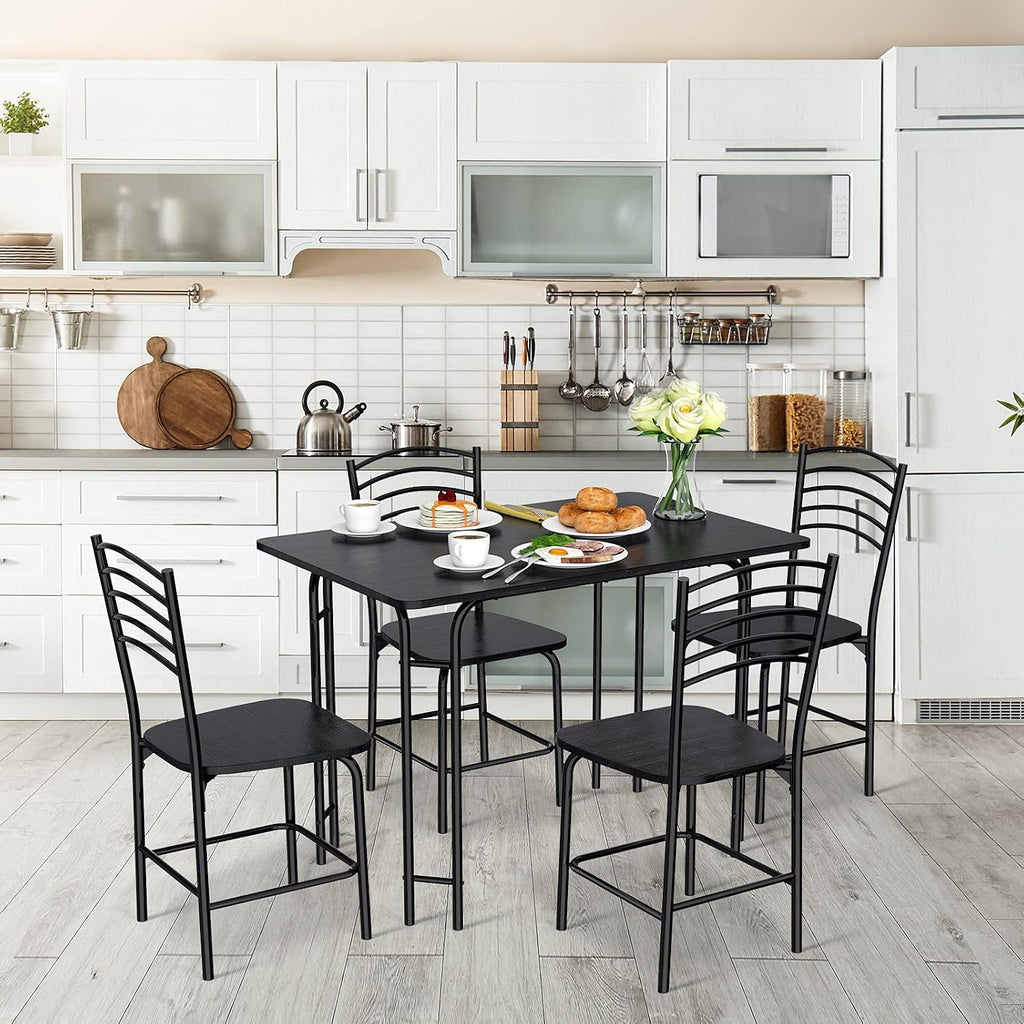 Giantex 5 PCS Dining Table Set 4 Person, Modern Kitchen Table and 4 Chairs, Wooden Top and Metal Legs, Home Dining Room Breakfast Furniture Rectangular Table, Black