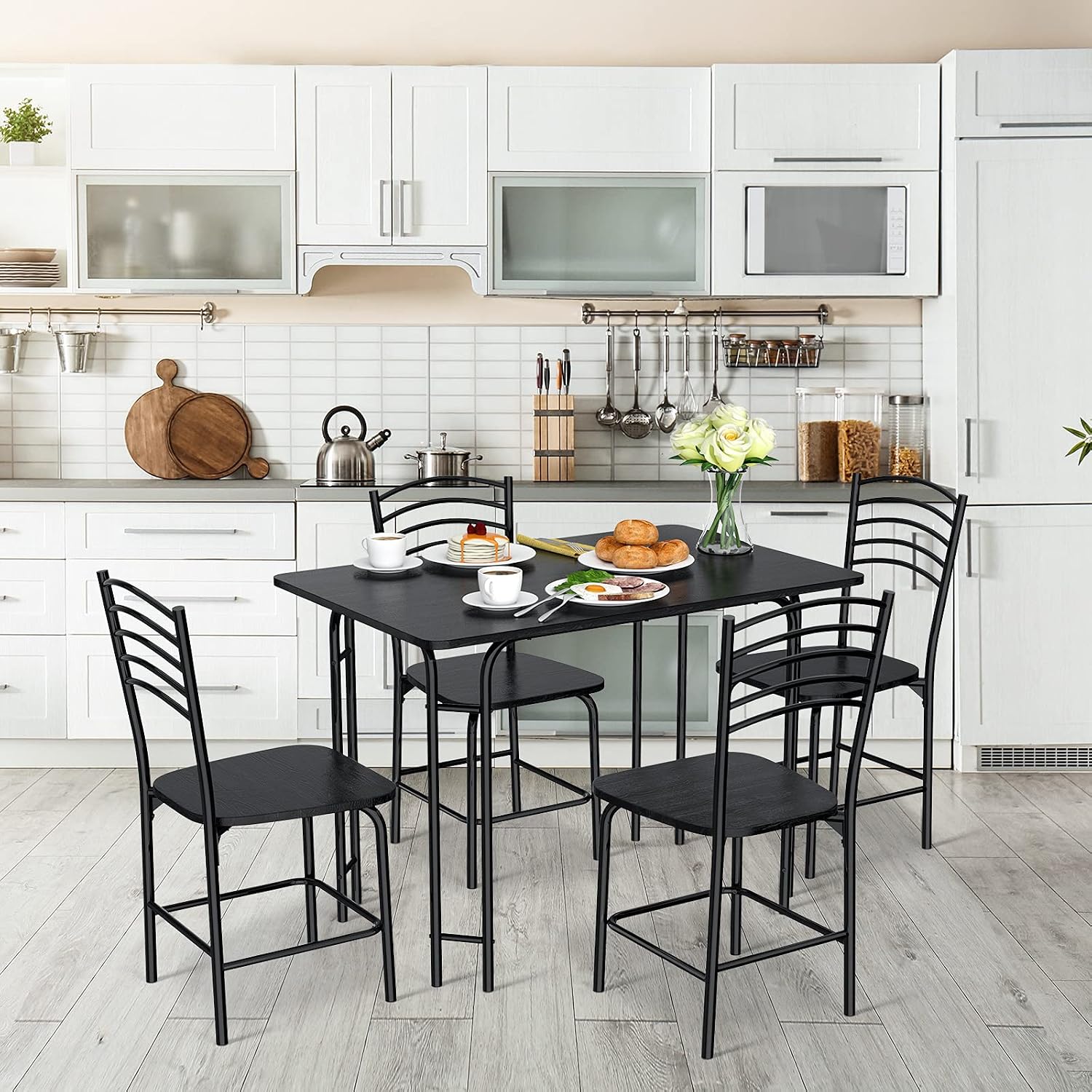 Giantex 5 PCS Dining Table Set 4 Person, Modern Kitchen Table and 4 Chairs, Wooden Top and Metal Legs, Home Dining Room Breakfast Furniture Rectangular Table, Black