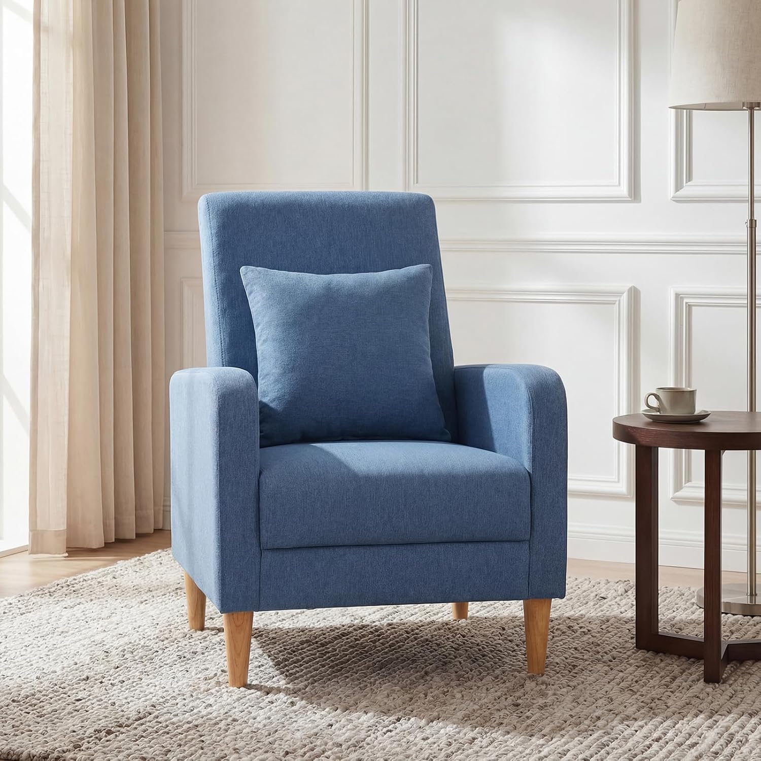 COLAMY Mid-Century Modern Upholstered Accent Chair with Back Pillow & Solid Wood Legs, Fabric Cozy Armchair for Living Room, Bedroom, Reading Nook, Apartment & Small Spaces, Blue