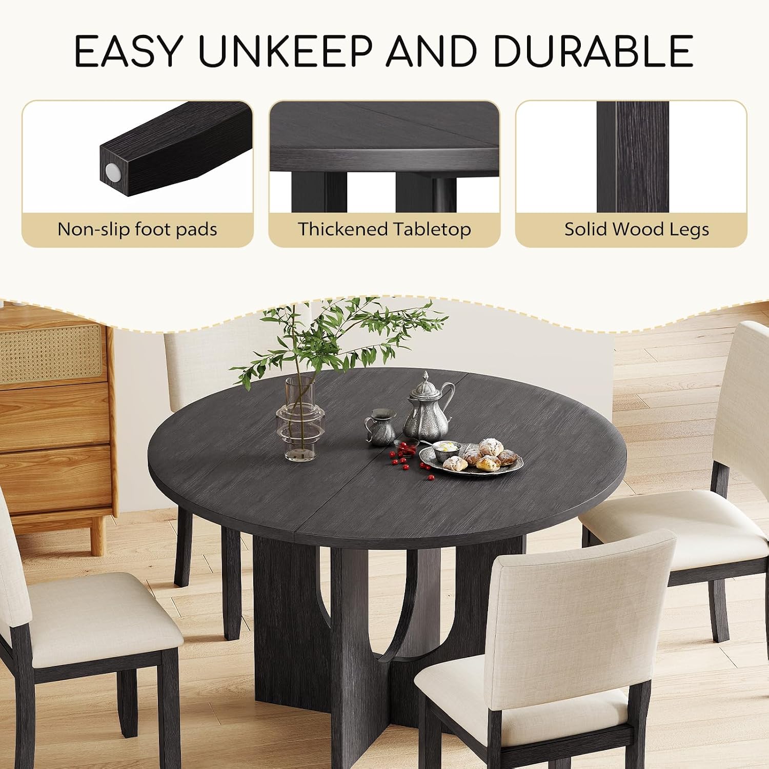 Zevemomo 47.3' Round Solid Wood Dining Table Set for 4, 5-Piece Kitchen Table Set with 4 Upholstered Chairs, Modern Round Dining Sets for Kitchen, Living Room, Black