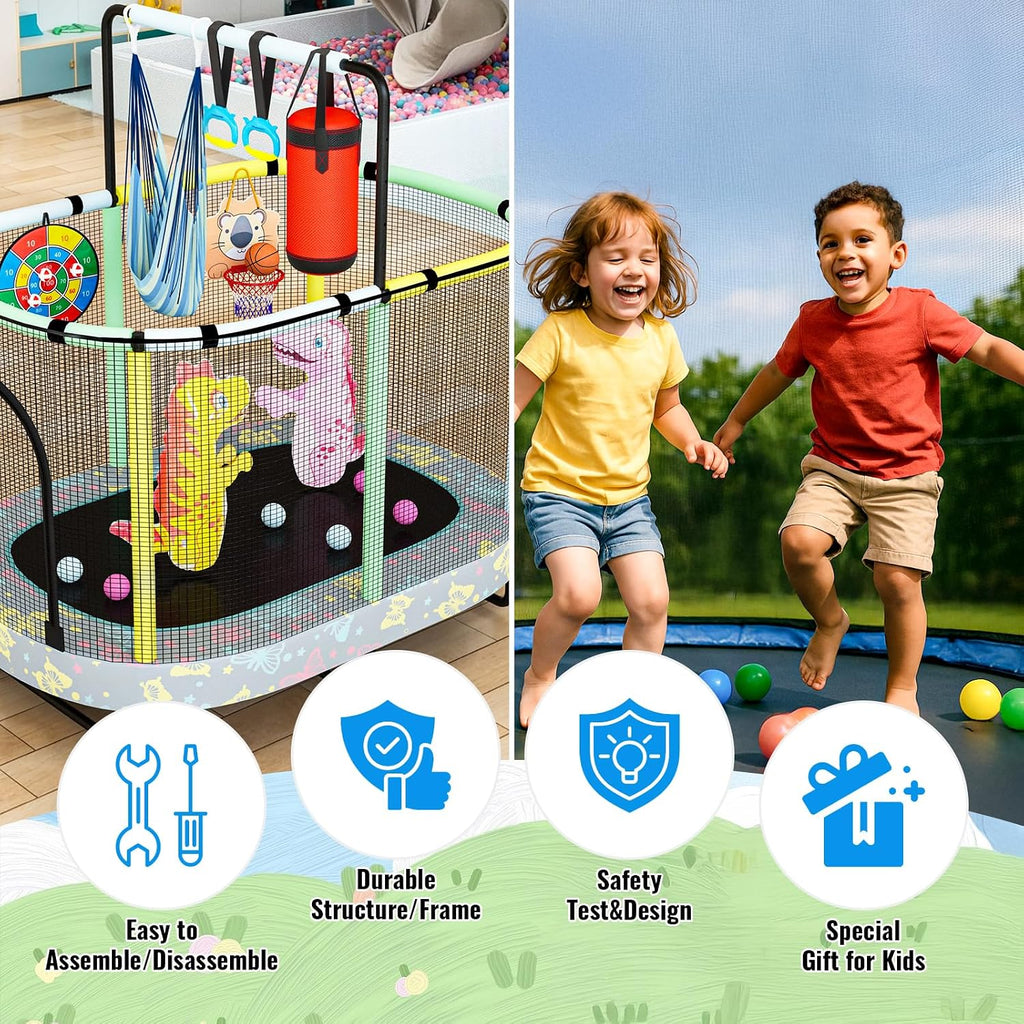 LAMERGE 55' 7-in-1 Round Trampoline for Kids Boys & Girls Ages 1-8, Indoor & Outdoor Trampoline for Fun, Adjustable Height Handrail ＆ Enclosed Safety Net ＆ Durable Designs for Toddlers Children