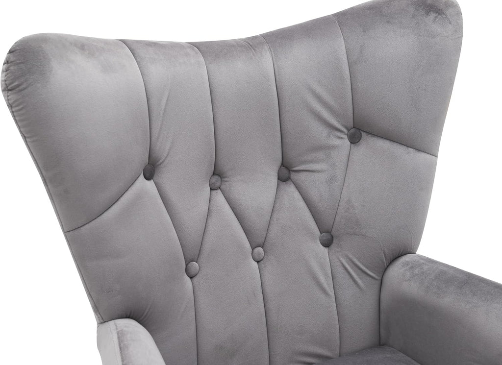 Container Furniture Direct Modern Chic Mid-Century Velvet Accent Armchair for Living Room, Bedroom, or Home Office, Button-Tufted Wingback Design with Gold Flared Legs, Grey