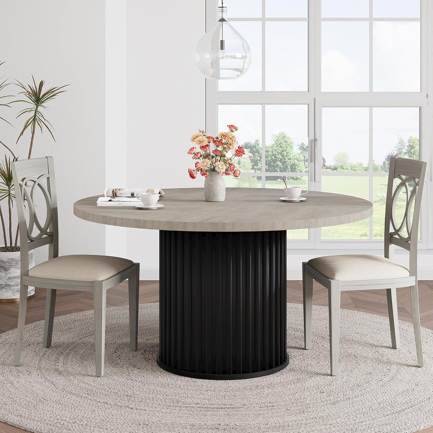 GarveeHome 47' Round Dining Table for 4-6 People, Dining Room Table with Sturdy Waveform Metal Pedestal Base, Farmhouse Circle Kitchen Table for Dining Room, Kitchen