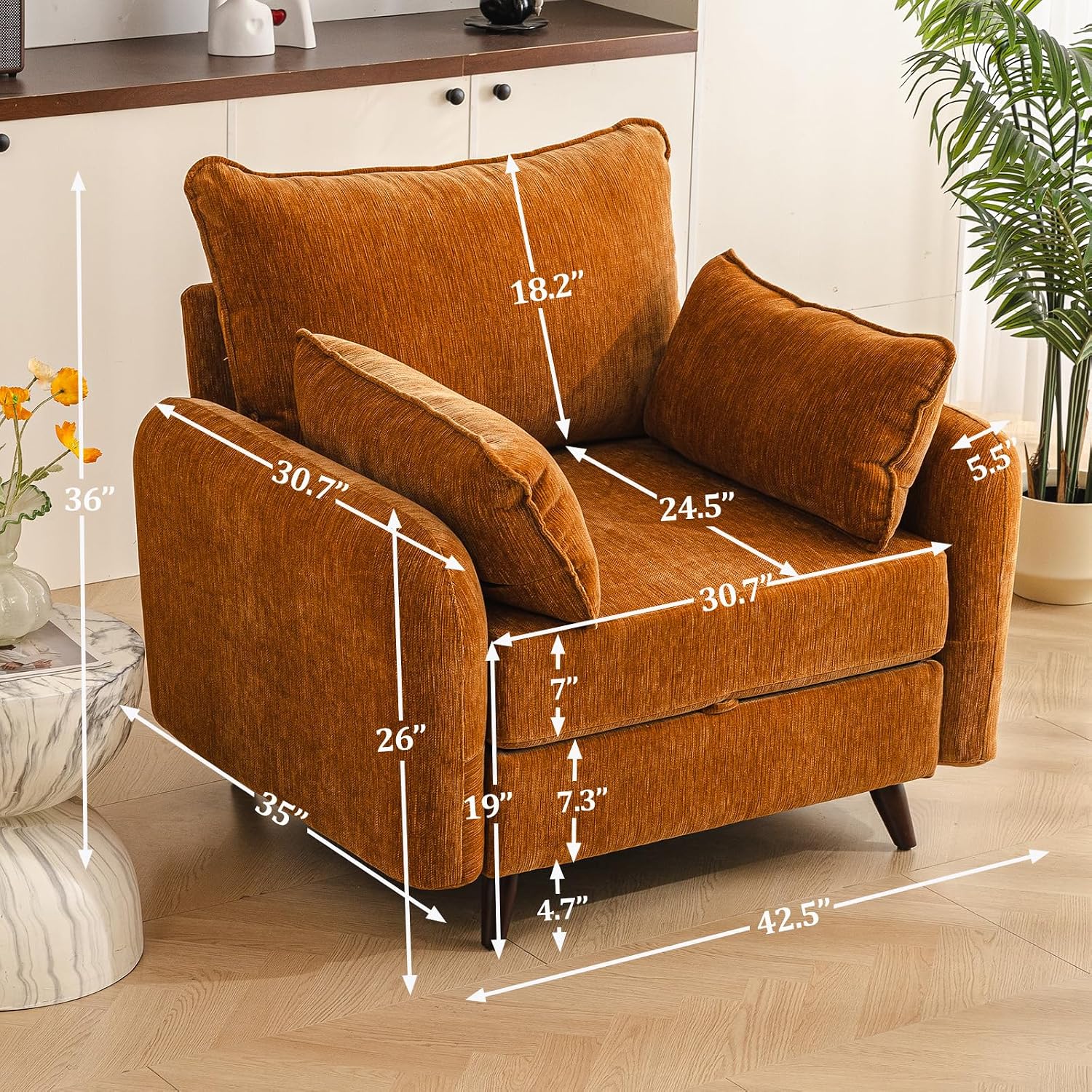 Rexulqo Oversized Accent Chair with Seats Storage,Comfy Living Room Chairs with 2 Throw Pillow,Upholstered Mid-Century Armchair,24.5'' Deep Seat,Reading Chair for Bedroom,Office,Chenille,Yellow