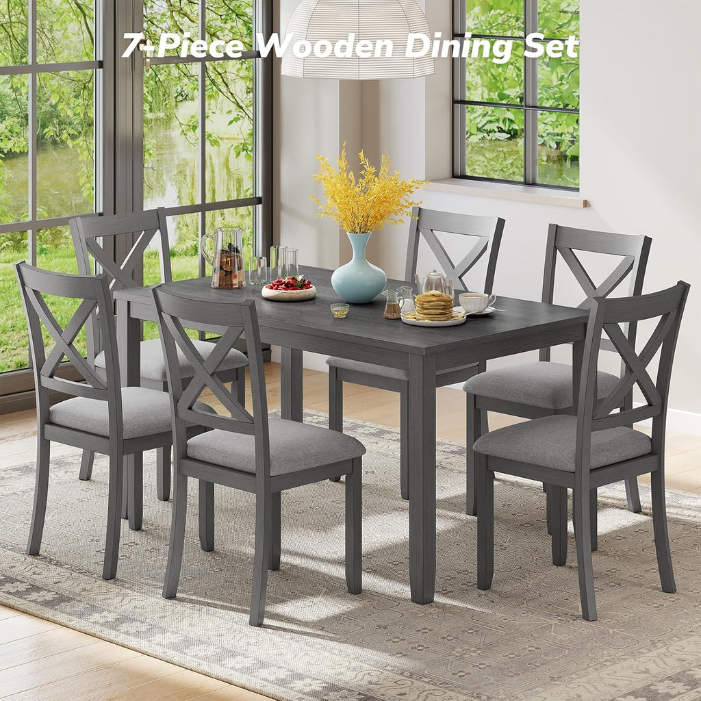 Zevemomo 7-Piece Solid Wood Dining Table Set with 6 Upholstered Chairs, Space Saving Dinner Table & Chairs Set, Farmhouse Wooden Legs Dining Table Set for Living Room, Kitchen, Grey
