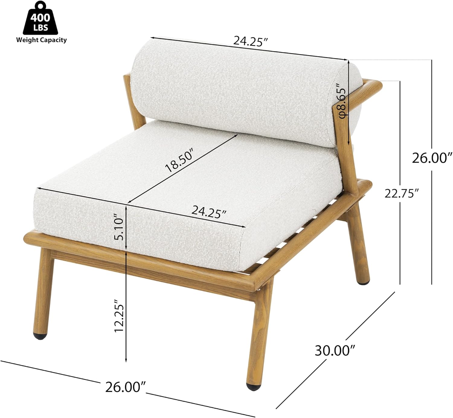 Christopher Knight Home Dessa Patio Accent Chairs Set of 2, Wood-Like Club Chairs, Boucle Lounge Chair, Upholstered Armless Chair, Iron Frame Stable Seating for Garden Poolside Backyard, White+Teak
