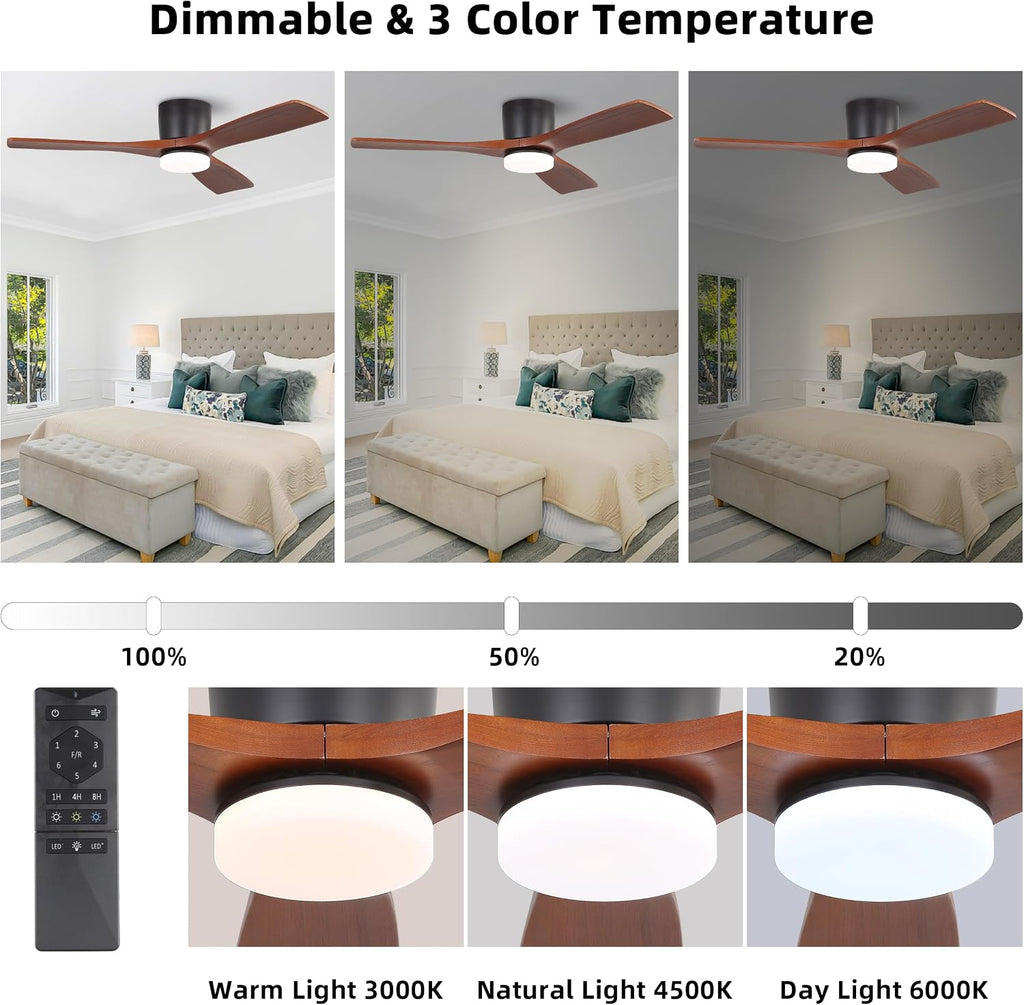 WINGBO 48 Inch Flush Mount DC Ceiling Fan, 3CCT Dimmable Light, 3 Carved Wood Blades, 6-Speed Noiseless Reversible DC Motor, Hugger Low Profile Fan, Matte Black Finish with Walnut Blades, ETL Listed