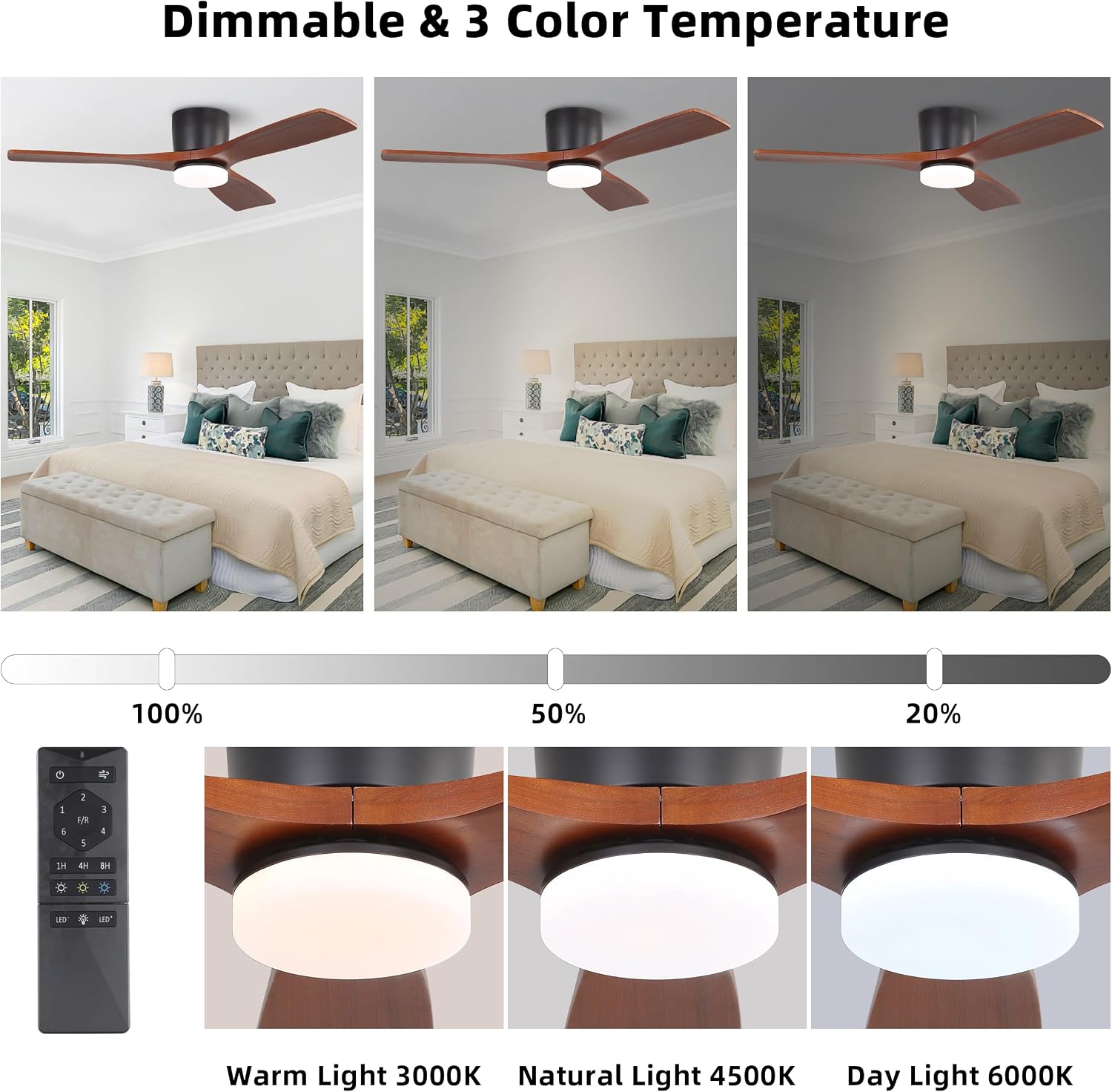 WINGBO 48 Inch Flush Mount DC Ceiling Fan, 3CCT Dimmable Light, 3 Carved Wood Blades, 6-Speed Noiseless Reversible DC Motor, Hugger Low Profile Fan, Matte Black Finish with Walnut Blades, ETL Listed