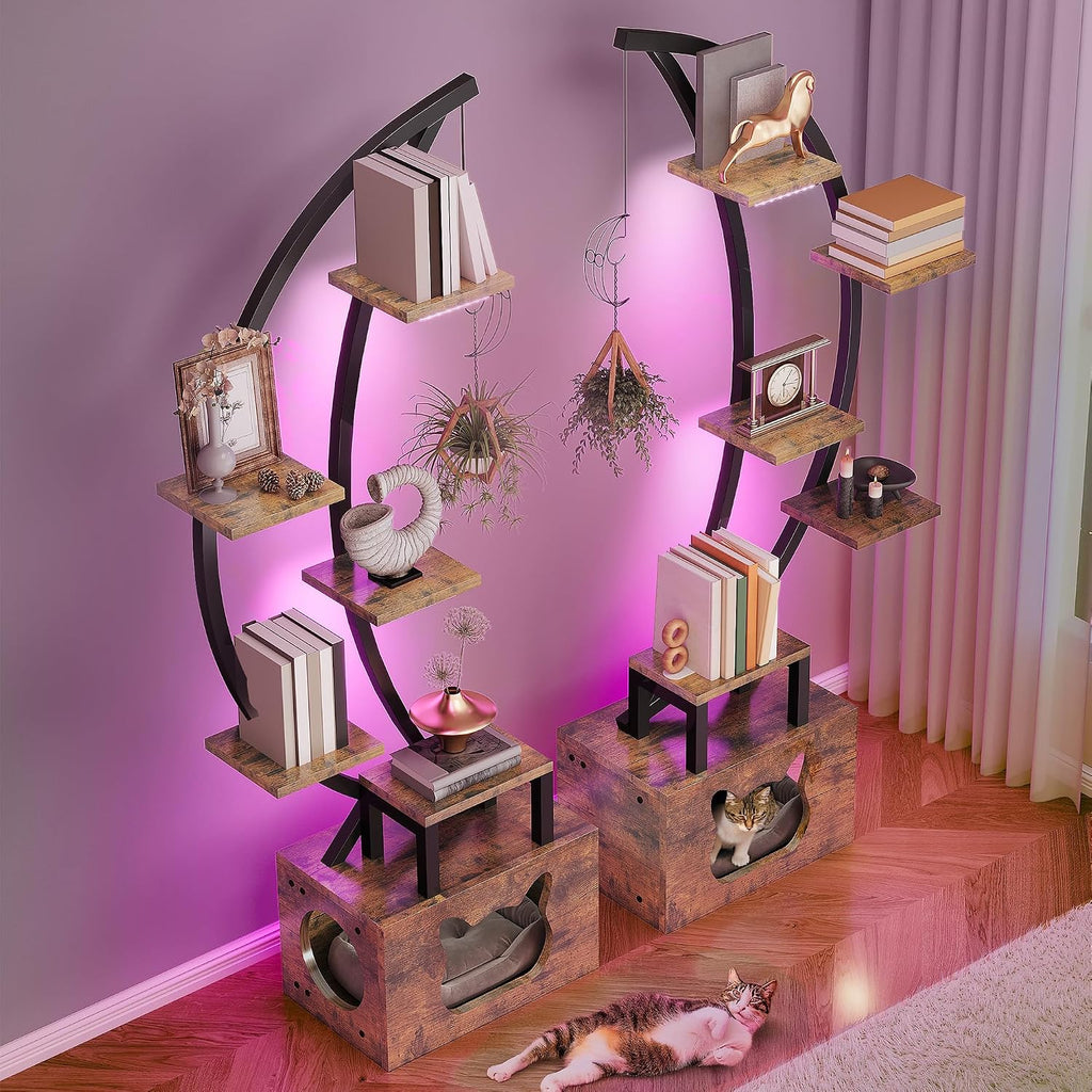 YITAHOME Tall Bookshelf with LED Light, Artistically Designed Arched Bookshelf with Cats Litter Box,10-Tier Bookcase Corner Display Shelf for Home Office, Bedroom