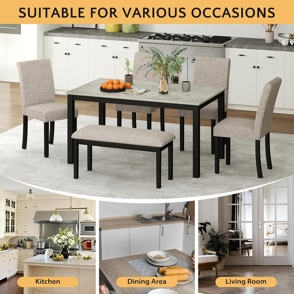 Zevemomo 6-Piece Wood Dining Table Set with Extra-Thick Cushions, Including 1 Dinner Table, 4 Upholstered Chairs and 1 Bench, Wooden Legs Dining Set for Dining Room, Kitchen, Restaurant, Black