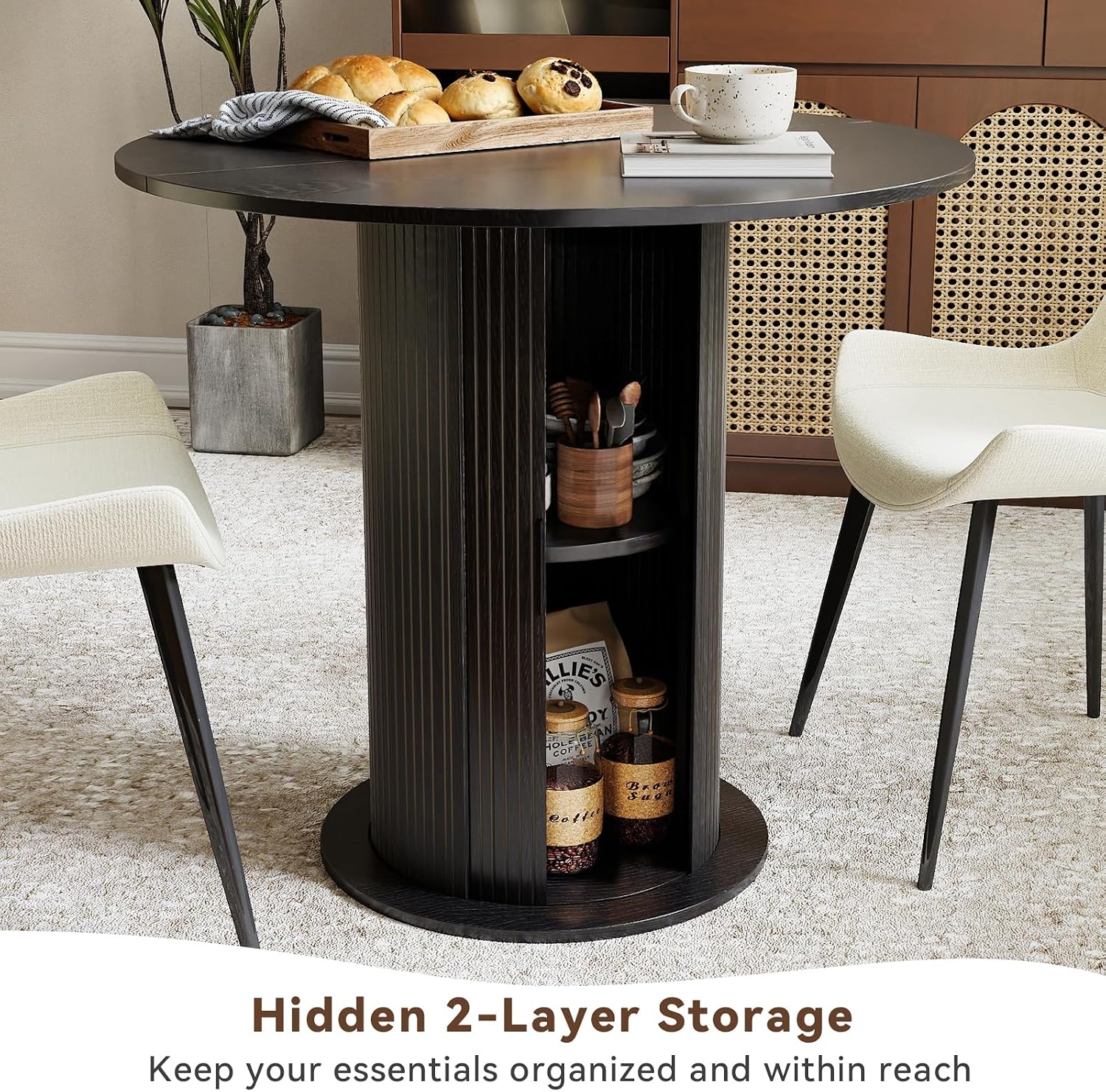 31.5 Inch Round Dining Table with Hidden Storage, Modern Fluted Pedestal Kitchen Table for Small Spaces, Circular Breakfast Nook Table with 2-Layer Shelves for Apartment Studio, Black