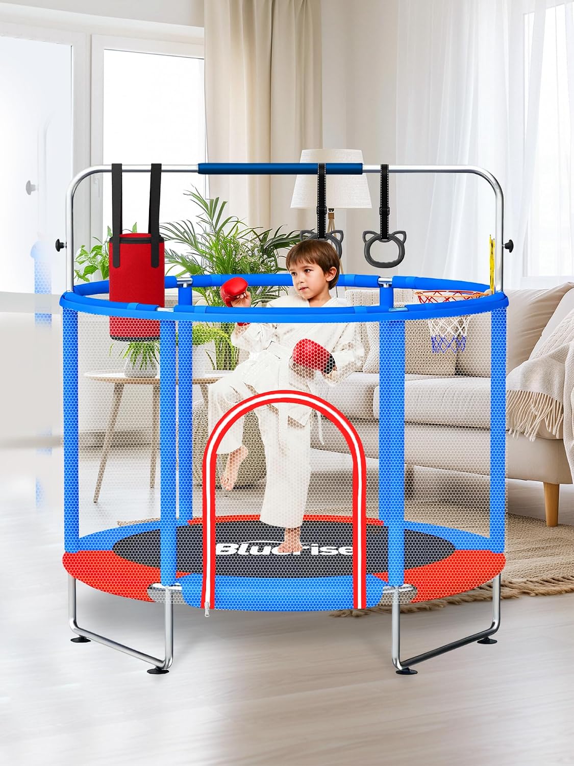 BLUERISE 60' Trampoline for Kids 5FT Toddler Trampolines Indoor/Outdoor with Adjustable Gymnastics Bar & Safety Net, No-Gap Design, Anti-Rollover Bottom, Basketball Hoop, Gifts for Boys & Girls