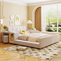 Merax Full Size Velvet Bed Frames Upholstered Grounded Bed, Wooden Mother & Child Bed with Bedside Desk and Little Round Stool,Kids Adults Bedroom Floor Platform Bed,Beige