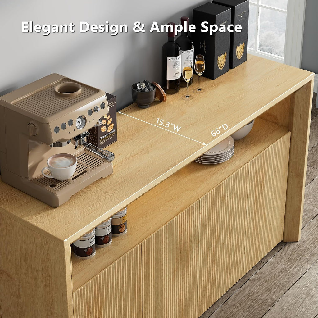 Einhomn 66.2' Buffet Cabinet with Storage and led Lights, Modern Sideboard Cabinet with 4 Doors & Shelves, Fluted Media Console Mid Century Coffee Bar Table for Living Room Kitchen Dining Room, Oak
