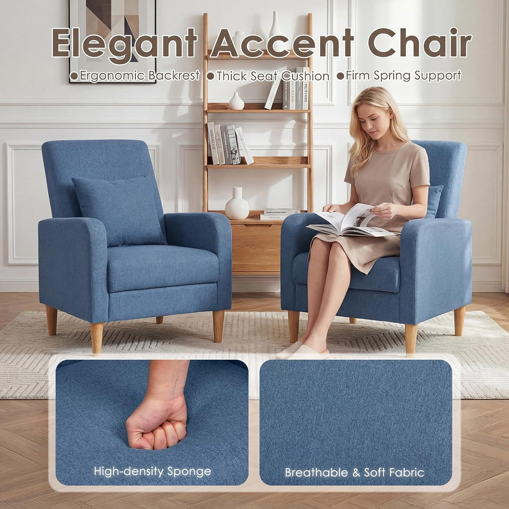 COLAMY Mid-Century Modern Upholstered Accent Chair with Back Pillow & Solid Wood Legs, Fabric Cozy Armchair for Living Room, Bedroom, Reading Nook, Apartment & Small Spaces, Blue