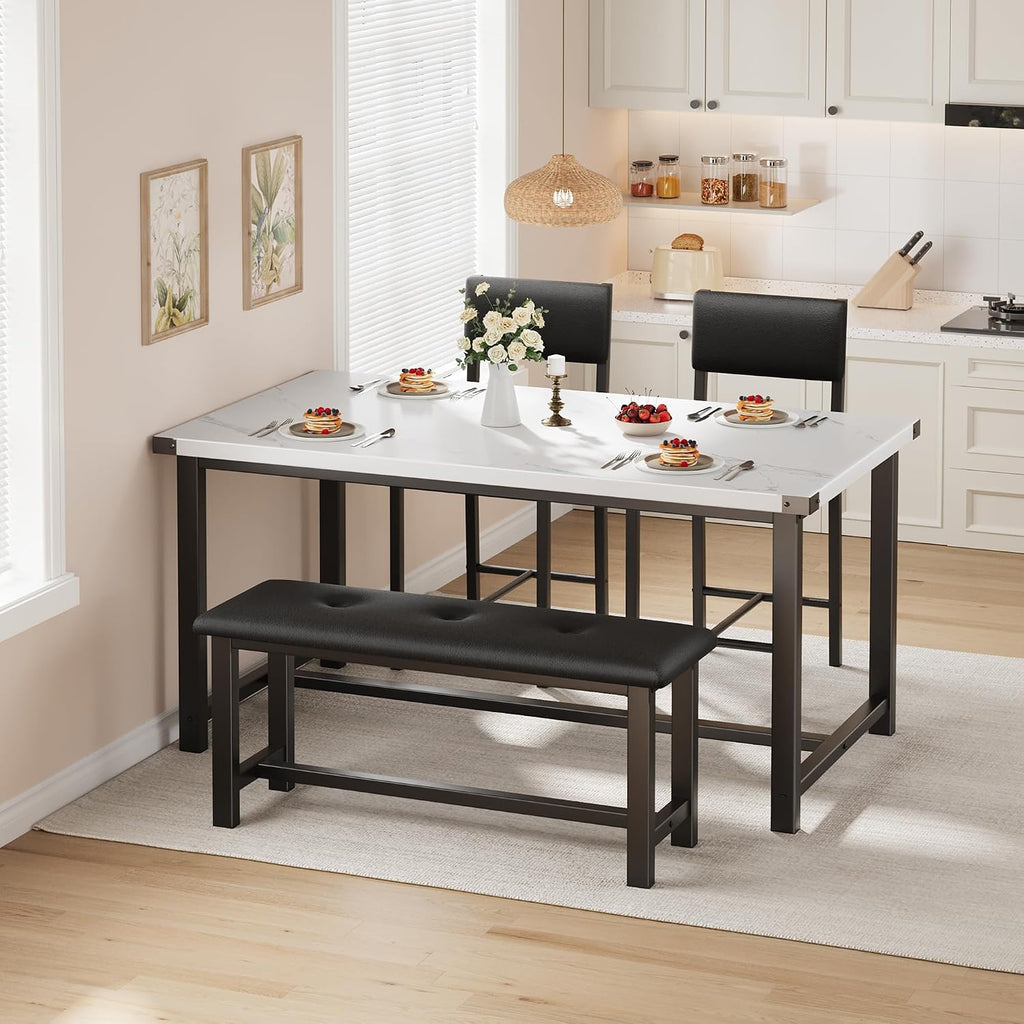 Garvee Wooden Dining Table Set for 4, Kitchen Table and 2 Upholstered Chairs with Bench, Rectangular Dining Room Set, for Small Space, Apartment, Home, Easy Assembly, White Marble