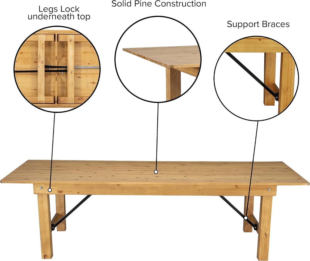 Flash Furniture Hercules Commercial Grade Farmhouse Dining Table | Solid Pine Foldable Table for 10 in Antique Rustic Light Natural | Rustic Charm for Home and Events