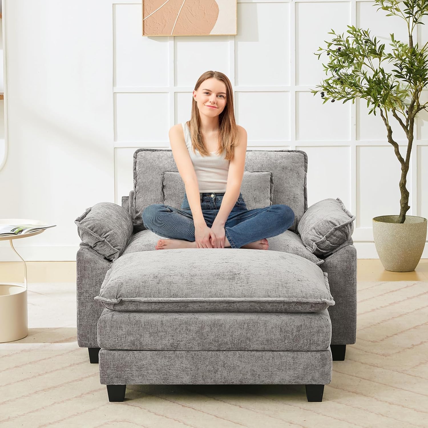 Oprisen 53' Modular Sectional Sofa, Comfy Cloud Couch Sectional Sofa with Ottoman, Chenille Sofa Sleeper Deep Seat Sofa with Throw Pillows for Living Room (Light Gray)