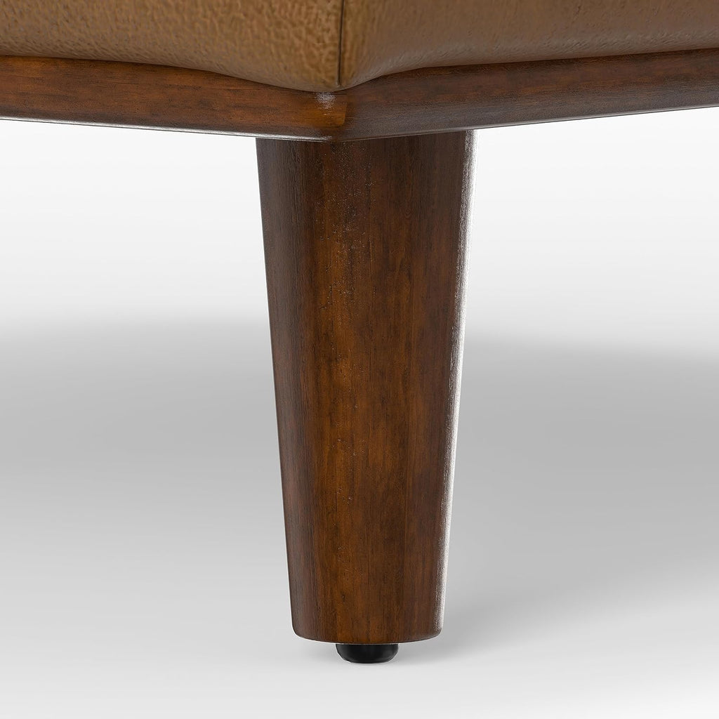 SIMPLIHOME Morrison 33 inch Wide Ottoman in Caramel Brown Genuine Leather, Multifunctional Footrest, Coffee Table, and Extra Seating for Living Room, Mid-Century Modern Style