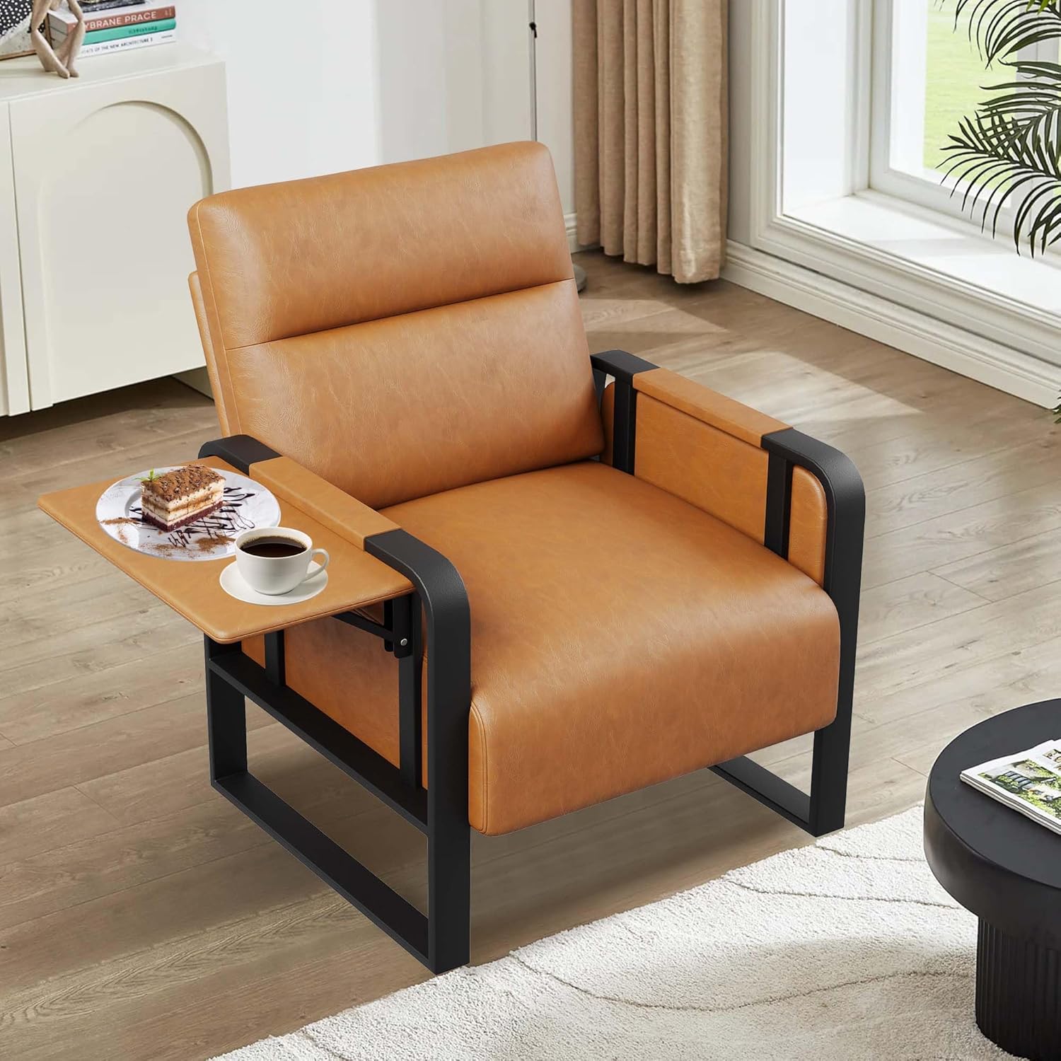 Modern Brown Accent Chair PU Leather Upholstered Armchair with Foldable Side Table for Bedroom Living Room Chairs Office Chair