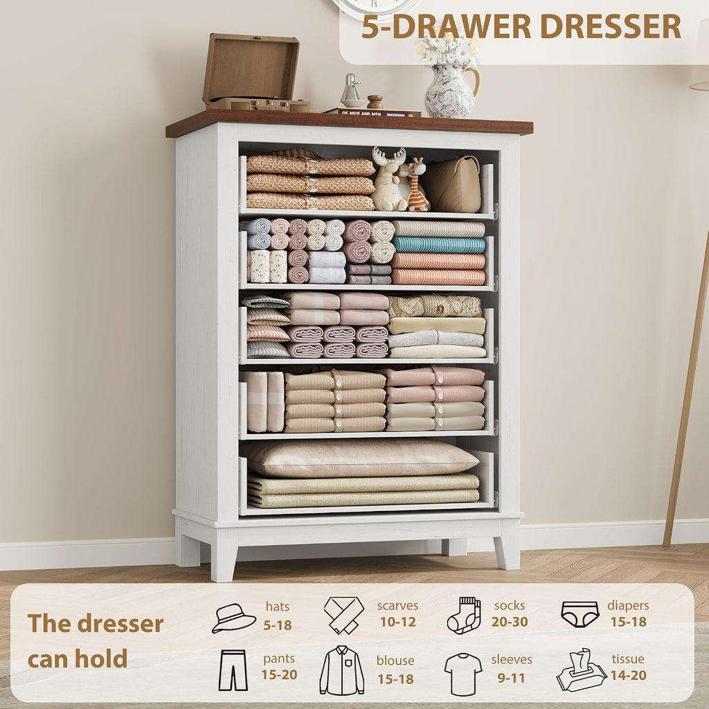 GarveeHome 5 Dresser for Bedroom, 41.3 in Tall Vertical Drawer Dresser with Large Storage, Freestanding Wooden Closet Chest for Bedroom, Living Room, White + Brown