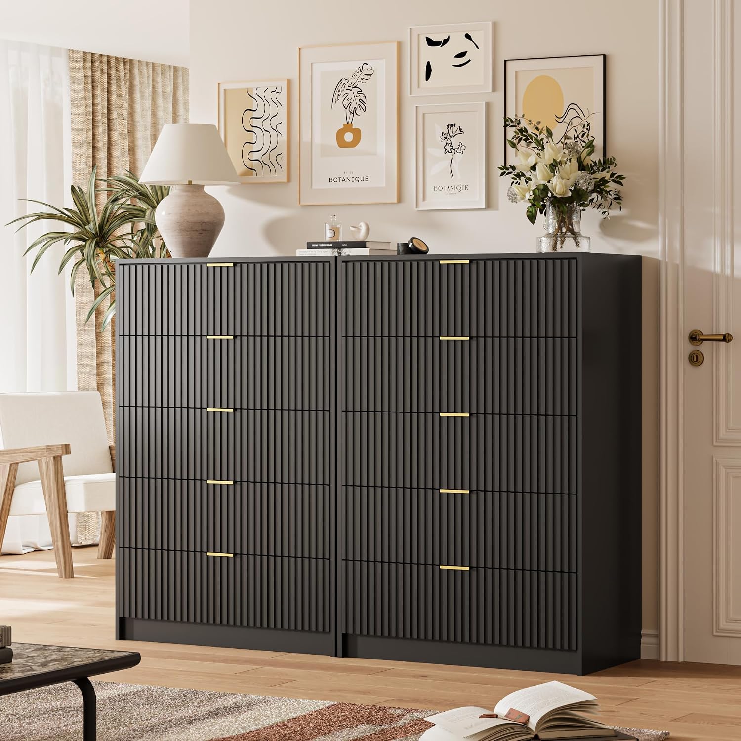 MAISONARIA 5 Drawer Dresser for Bedroom, Tall Dresser Chest of Drawers with Gold Handles, 32 Inch Wide Nightstand with for Bedroom, Living Rooms, Offices, and Entryways, Black