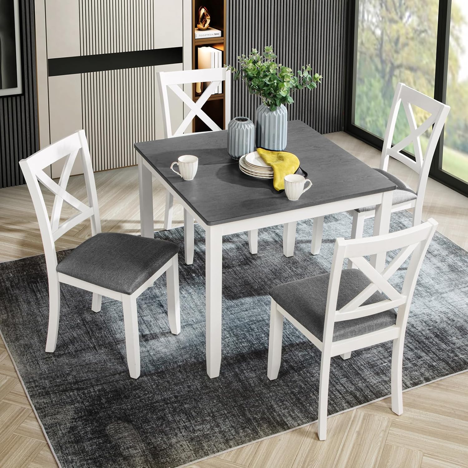 5-Piece Dining Table Set for 4, Kitchen Dining Table with 4 Soft Cushioned Solid Wood Chairs, Ideal for Home or Restaurant Use.(Gray & White_Small)
