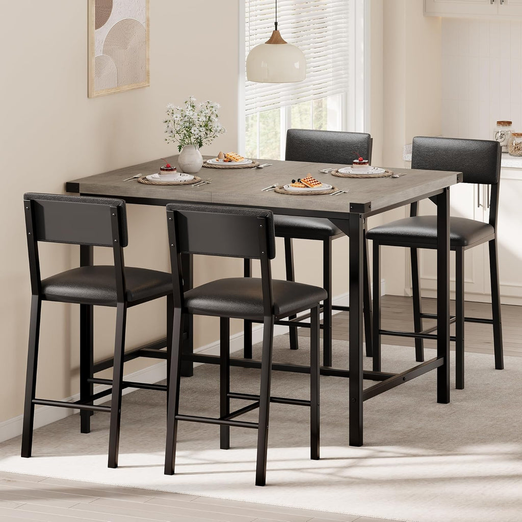 GarveeHome Dining Table Set for 4 with Corner Protector, Kitchen Table Set w/Footrest & Backrest, Counter Height Table with 4 Upholstered Bar Chairs, for Small Space, Retro Gray