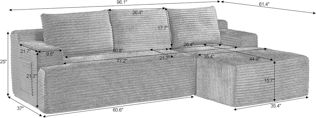 96' Right Facing Sectional Sofa Boneless Couches for Living Room - L Shaped Compressed Cloud Couch with Deep Seat in A Box