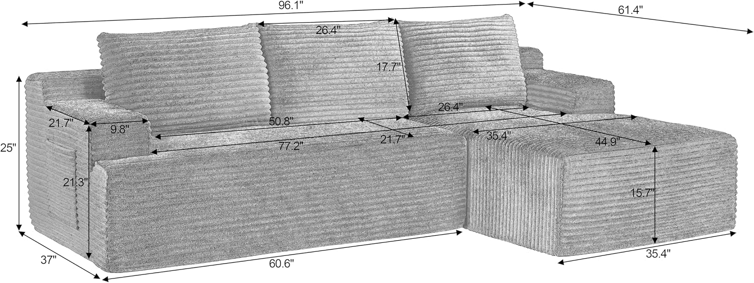 96' Right Facing Sectional Sofa Boneless Couches for Living Room - L Shaped Compressed Cloud Couch with Deep Seat in A Box