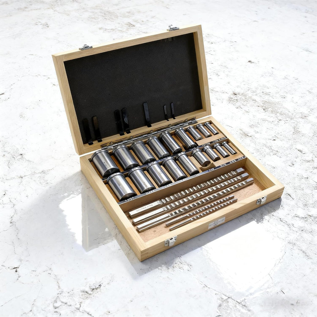 30-Piece Keyway Broach Kit, HSS Lathe Cutting Tool Set with 5 Broaches, 18 Collared Bushings & 7 Shims – Inch Sizes B-1/8', B-3/16', C-1/4', C-5/16', C-3/8'
