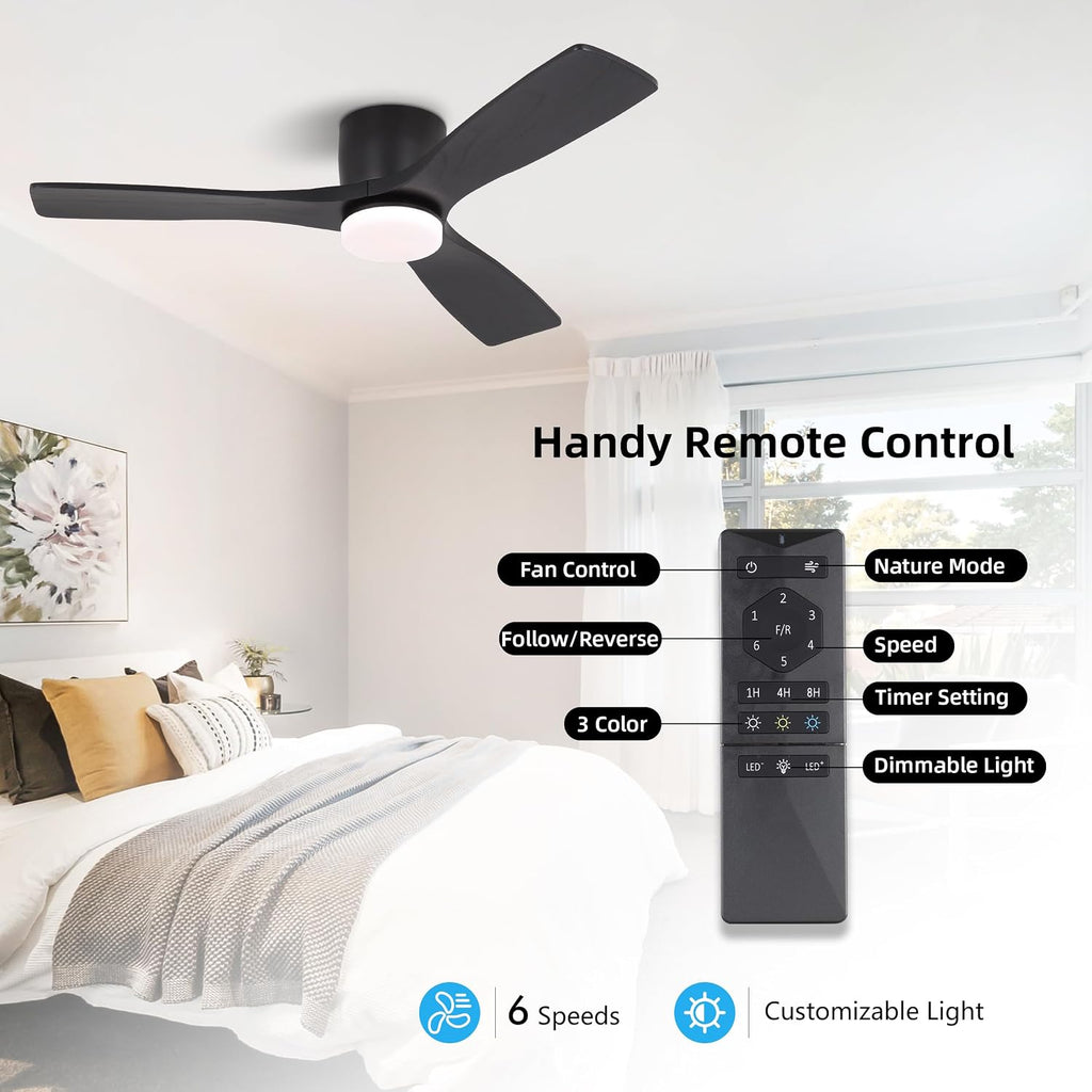 WINGBO 48 Inch Flush Mount DC Ceiling Fan, 3CCT Dimmable Light, 3 Carved Wood Blades, 6-Speed Noiseless Reversible DC Motor, Hugger Low Profile Fan, Matte Black Finish with Black Blades, ETL Listed