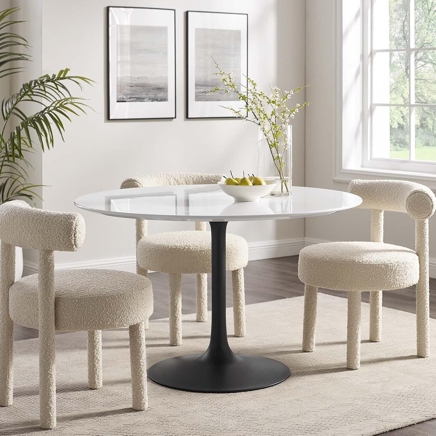 Modway Lippa 47' Round Wood Dining Table, White Top, Black Base