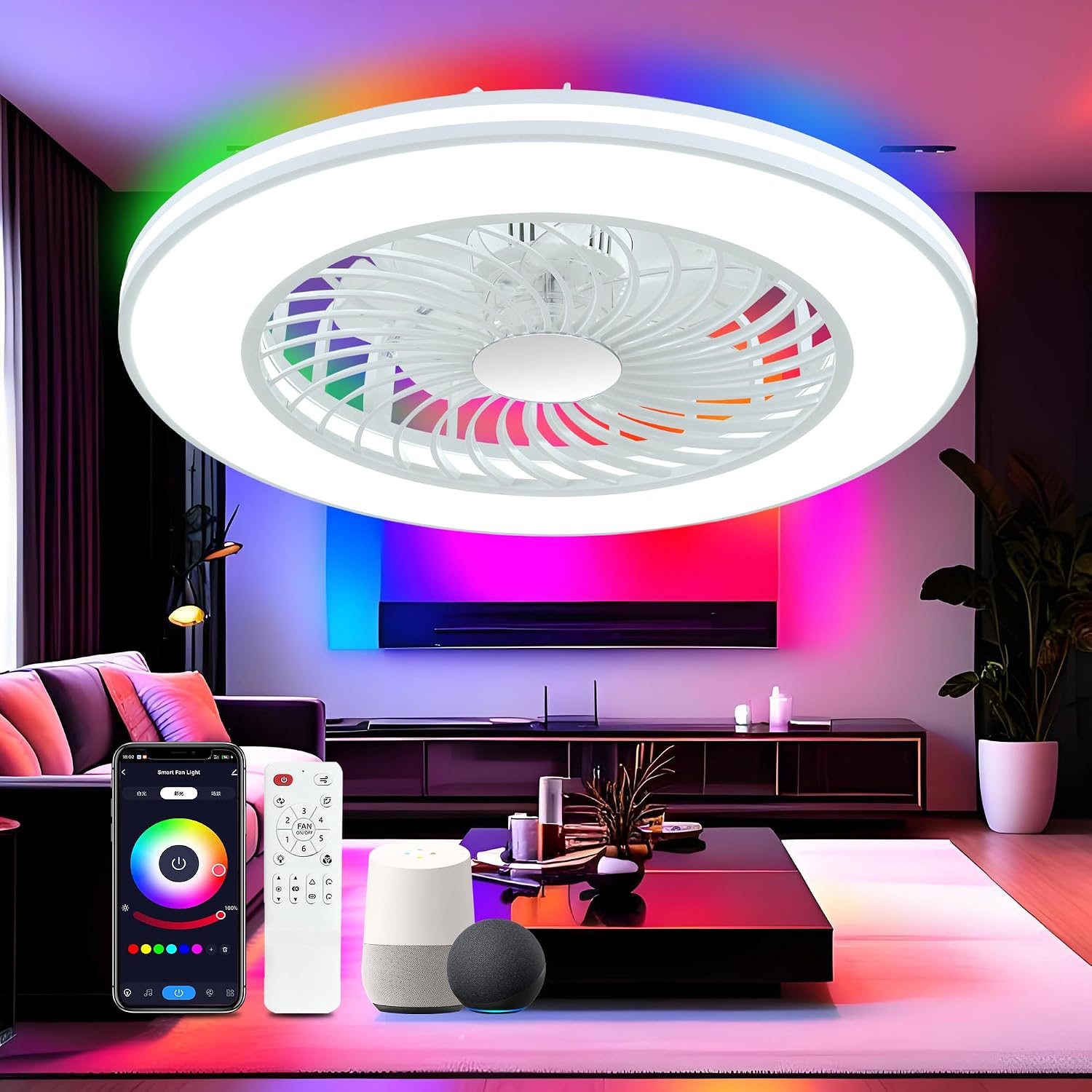 24'' Low Profile Bladeless Ceiling Fans with Lights, Remote/APP/Alexa Smart Control, RGB & 3CCT Dimmable, Flush Mount Ceiling Fan with 6-Speed Reversible for Bedroom Living Room
