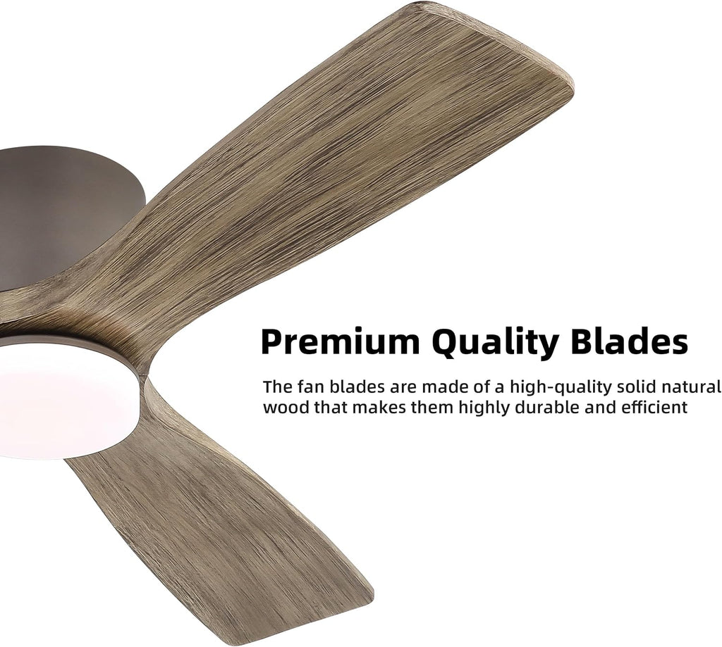 WINGBO 48 Inch Flush Mount DC Ceiling Fan, 3CCT Dimmable Light, 3 Carved Wood Blades, 6-Speed Noiseless Reversible DC Motor, Hugger Low Profile Fan, Graphite Finish with Gray Blades, ETL Listed