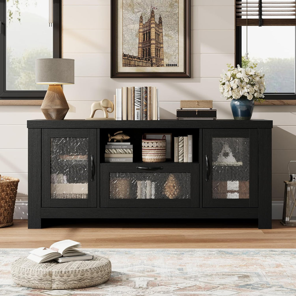 Farmhouse TV Stand for TVs up to 60 Inch, Wood Entertainment Center with Acrylic Door Storage Cabinets, Adjustable Shelves, Sturdy TV Console Table for Living Room Bedroom, Black