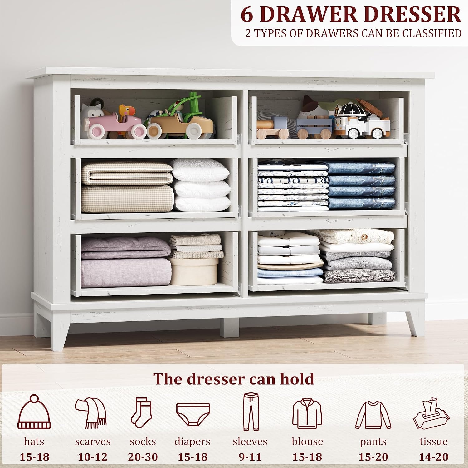 GarveeHome 6 Dresser for Bedroom, 47 in Wide Drawer Dresser with Storage Freestanding, Wooden Closet Storage Chest for Living Room, Bedroom, Entryway, Ash White