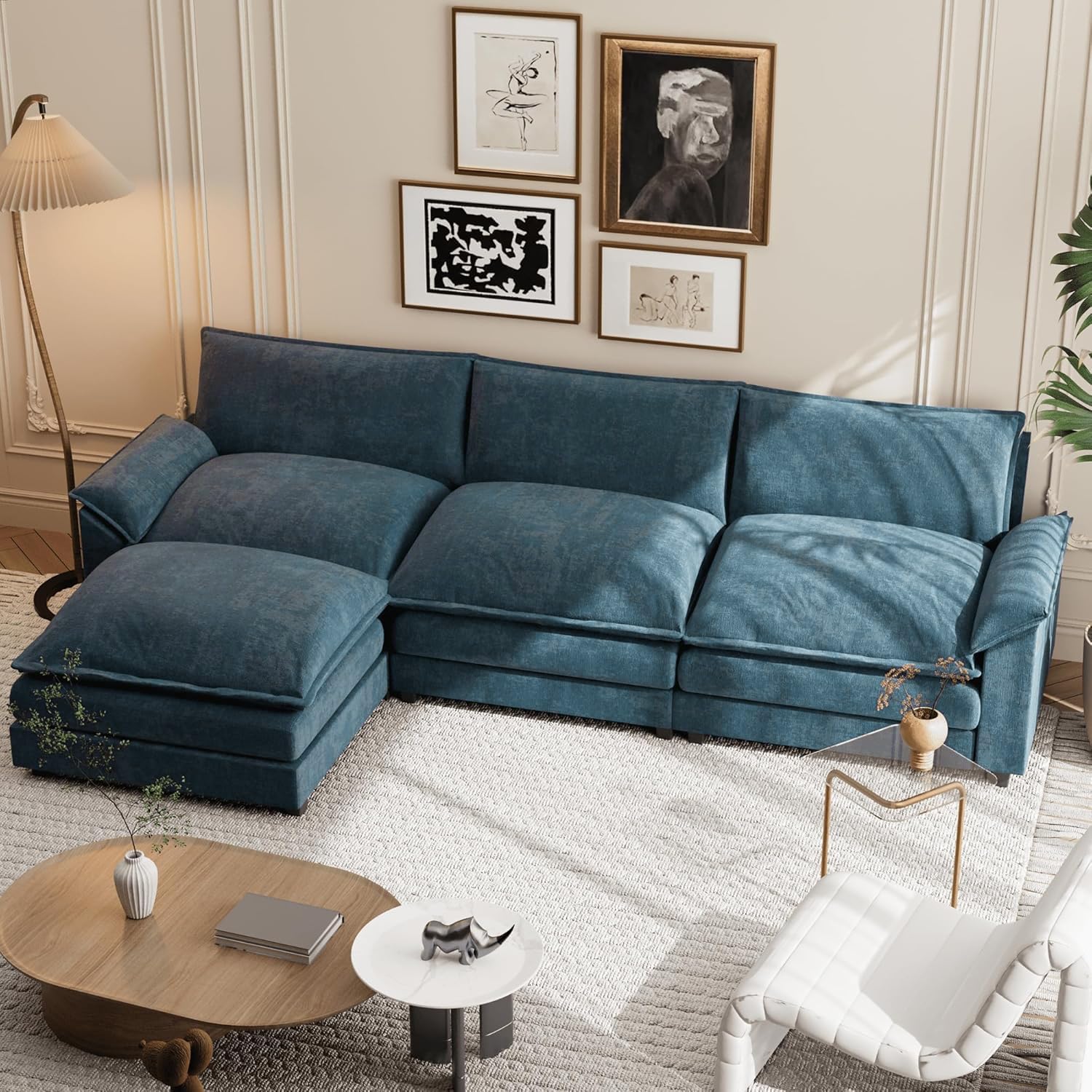 Shahoo Sectional Modular Sofa L Shaped Chenille Fabric Couch with High Supportive & Soft Sponges and Removable Ottoman, Sleeper Comfy Upholstered Furniture for Living Room, Blue