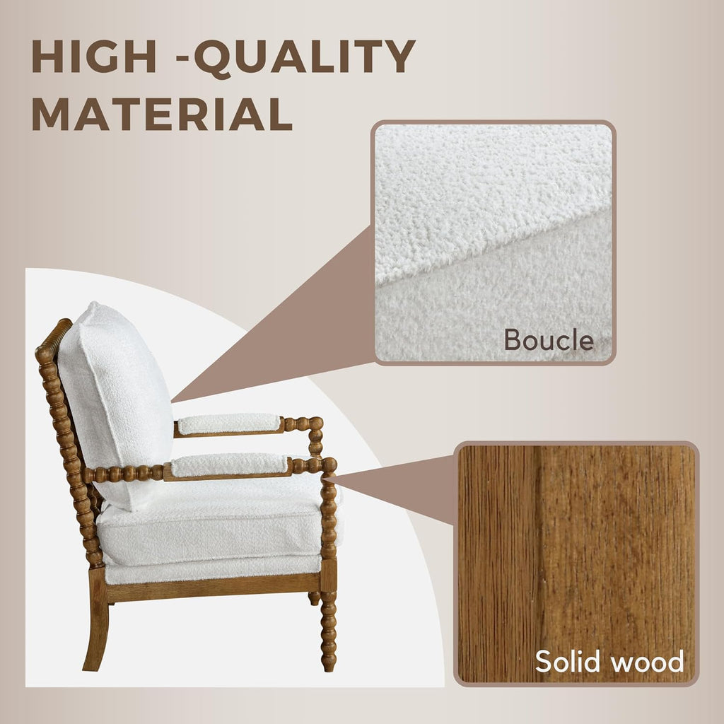 Furniture of America Dedee Mid Century Modern Boucle Fabric Accent Chair with Arms, Wide Spindle and Solidwood Legs for Living Room, Bedroom, Reading Corner, Home Office, Light Oak and White