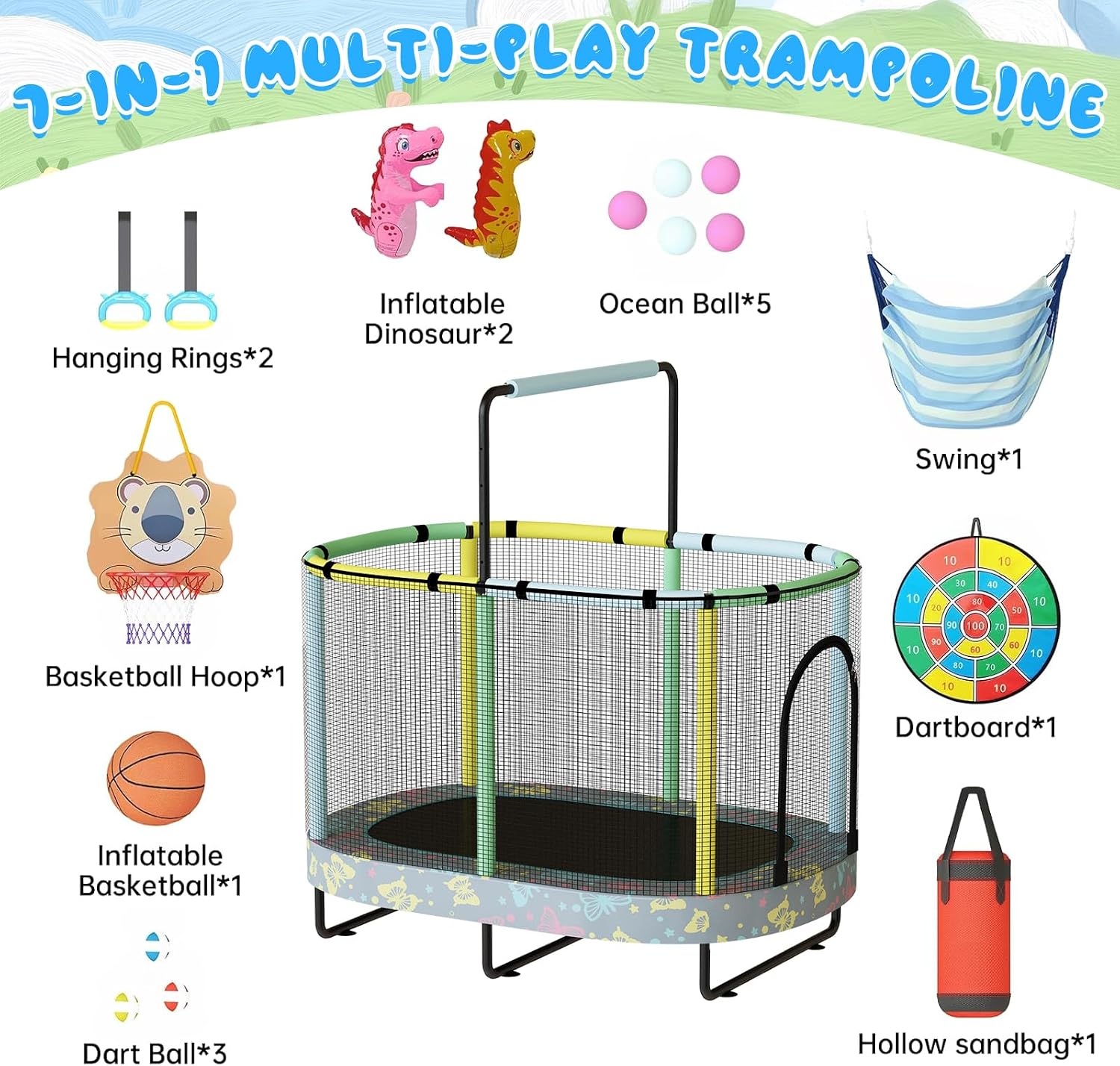 LAMERGE 55' 7-in-1 Round Trampoline for Kids Boys & Girls Ages 1-8, Indoor & Outdoor Trampoline for Fun, Adjustable Height Handrail ＆ Enclosed Safety Net ＆ Durable Designs for Toddlers Children