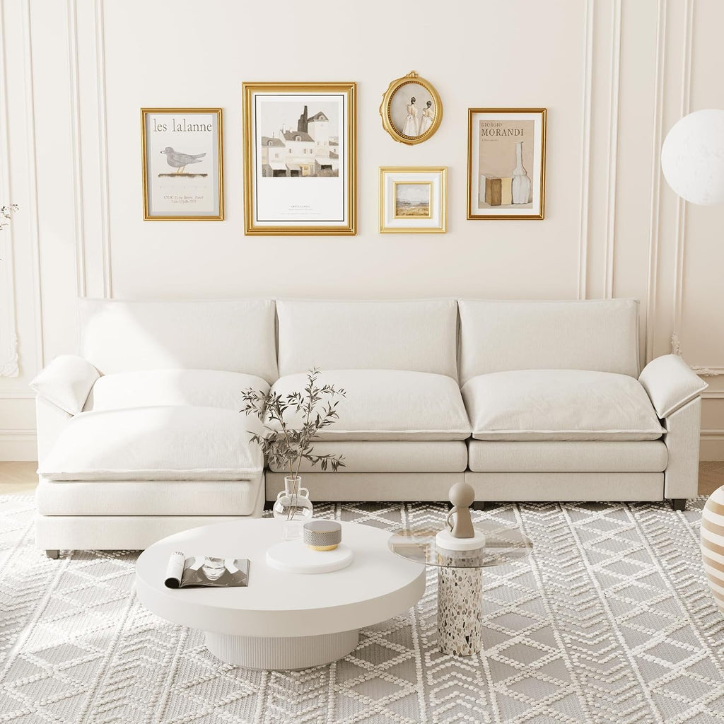 Shahoo Sectional Modular Sofa L Shaped Chenille Fabric Couch with High Supportive & Soft Sponges and Removable Ottoman, Sleeper Comfy Upholstered Furniture for Living Room, Bright Beige