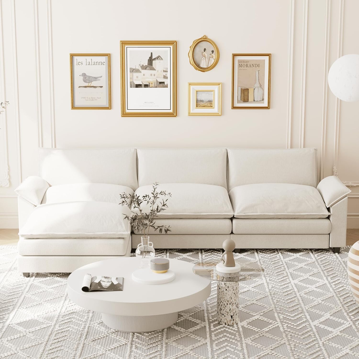 Shahoo Sectional Modular Sofa L Shaped Chenille Fabric Couch with High Supportive & Soft Sponges and Removable Ottoman, Sleeper Comfy Upholstered Furniture for Living Room, Bright Beige